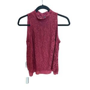 Lace Mock Neck Sleeveless Top Burgundy Button Back‎ Tank Blouse